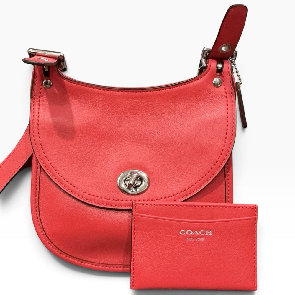 Coach Legacy Mini Saddle Bag Coral Red Leather Crossbody Wallet Set